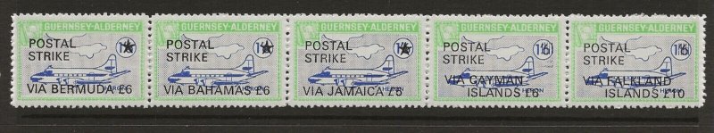 Thematic stamps ALDERNEY 1971 STRIKE O/P VIA WEST INDIES etc strip 5 mint (LARGE 