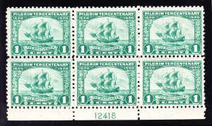 US 548 1c Pilgrim Tercentenary Mint Bottom Plate Block VF OG NH SCV $105