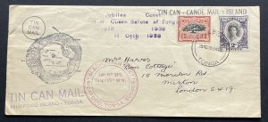 TONGA GVI SG55, 57e, 1937 Tin Can Mail cover with cachets front & back, USED.