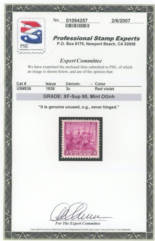 USA 836 - 3 cent Swedish/Finnish Terc. PSE Graded Cert: XF/Superb 95 Mint Ognh