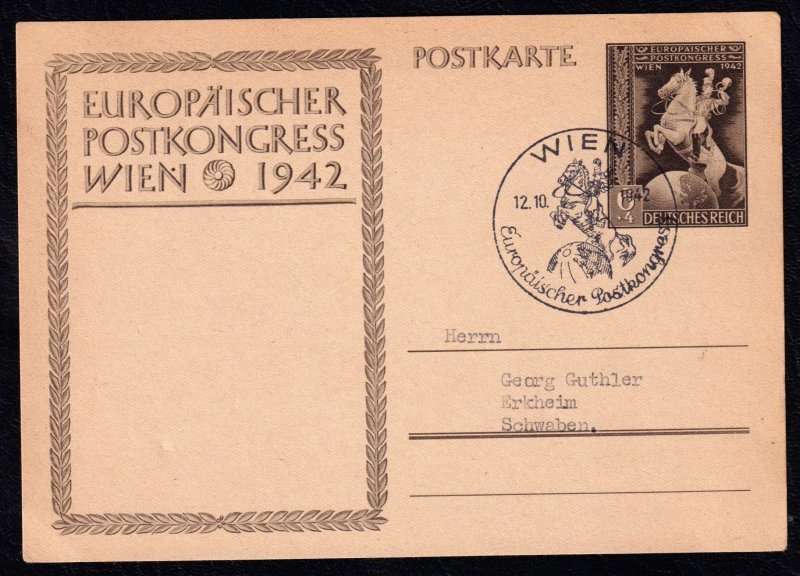 Nazi Germany (Third Reich) 1942 European Postal Congress Postal Card Wien Cancel