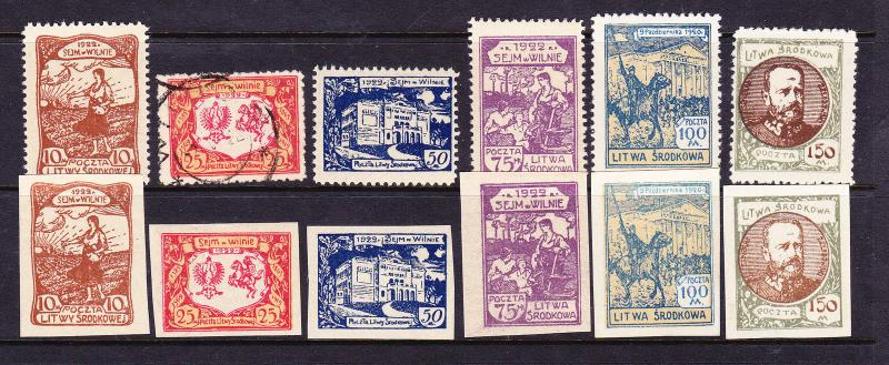 CENTRAL LITHUANIA  1921    SETS 6  PERF & IMPERF M&U  SG 42/47