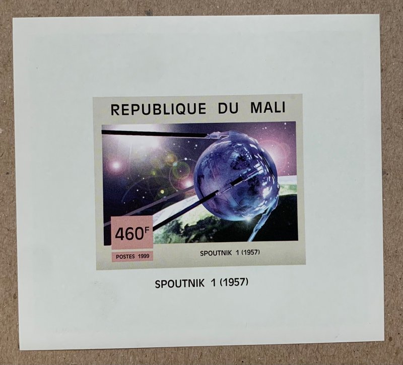 Mali 1999 460fr Sputnik  - imperf deluxe sheetlet, MNH.  Scott 1055 variety