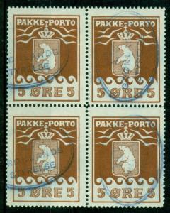 GREENLAND #Q3 5ore Pakke Porto used Block of 4 w/Gronlands Styrelse oval cancel