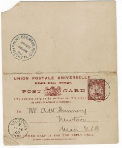 Fiji 1902 Suva cancel on postal reply card to the U.S.