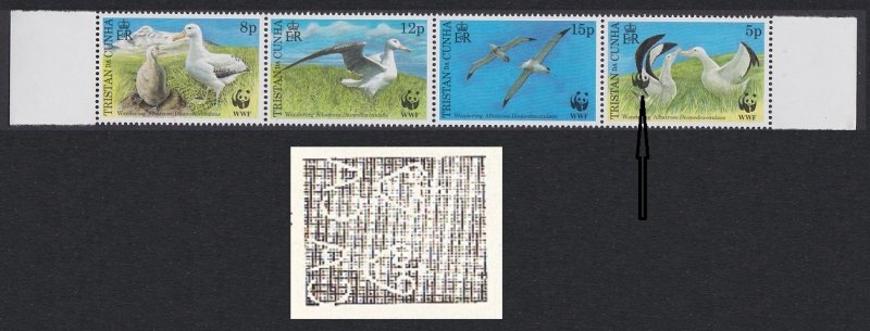 Tristan da Cunha Birds WWF Albatross Strip of 4v Error Double WWF Logo 1999