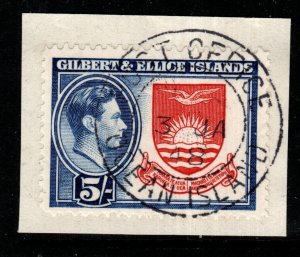 GILBERT & ELLICE IS. SG54 1939 5/= DEEP ROSE-RED & ROYAL BLUE FINE USED ON PIECE