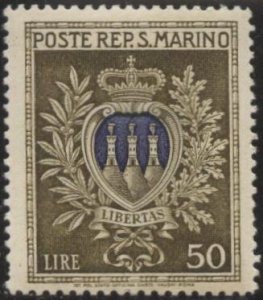 San Marino 256 (mlh) 50L coat of arms, ol brn & ultra (1946)