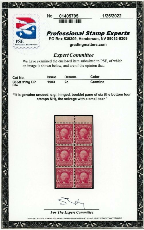 US Stamp #319g BP Washington 2c - PSE Cert - Booklet Pane of 6 - CV $125.00