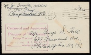 US 1945 Camp Mackall Prisoner of War Camp cover - Free Postage to PA