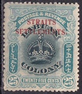 Straits Settlements 142 (mh, dg) 25c crown, grnish blue & grn, ovptd (1907)
