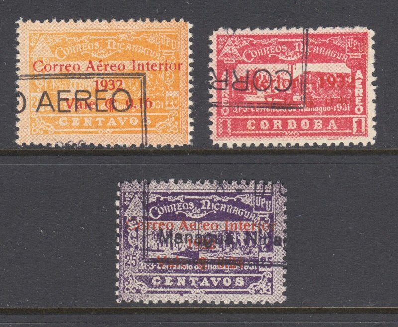 Nicaragua Sc C41, C42, C46 used. 1932 Air Post issues with red surcharges, F-VF