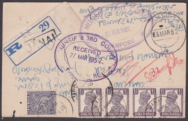 INDIA 1952 REGISTERED POSTCARD mixed franking - late use GVI................U222