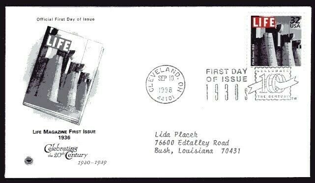 3185c 32c CTC: Life Magazine FDC PCS cachet Sept 10, 1998 faults