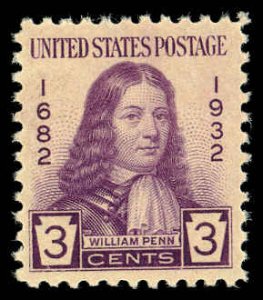 US Sc 724 MNH Disturbed Gum - 1932 3¢ William Penn at Age 22 - Well Centered