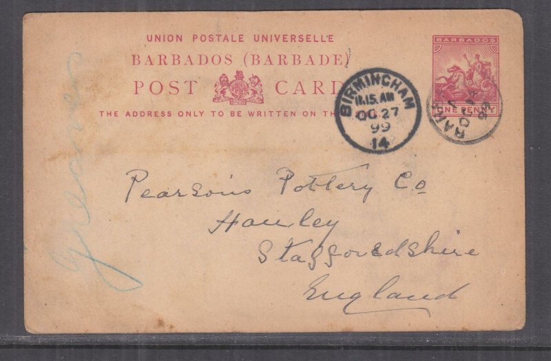 BARBADOS, POSTAL CARD, 1899 1d. to GB, dust marks. 