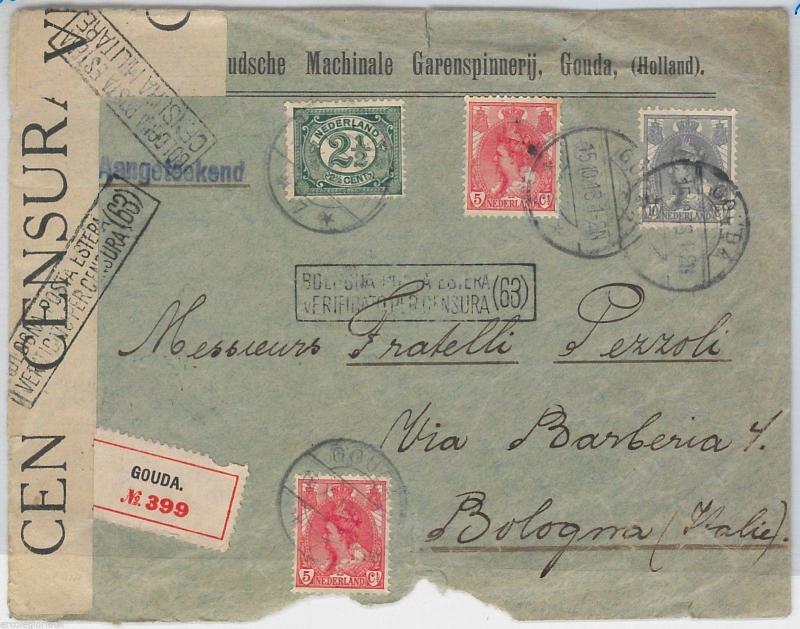 NETHERLANDS Nederland - POSTAL HISTORY: Censored REGISTERED COVER to ITALY 1913