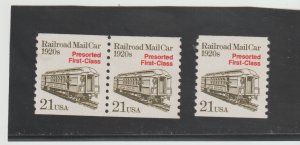 US Scott #2265, Pair + single 1988 Railroad Mail Car 21c FVF MNH