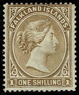 FALKLAND ISLANDS QV 1891-1902 1/- YELL-BROWN UNUSED (MH) SG38 Wmk.C CA P14 VGC
