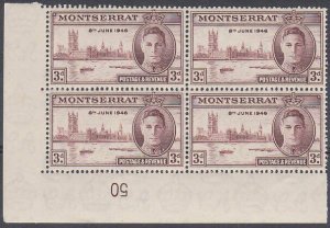 MONTSERRAT 1946 3d Victory - corner block of 4 MNH with inverted 50 ........L569