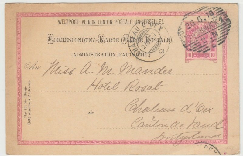 Austria; Stationery PC, 1900, Innsbruck To Chateau D'Oex, 10 Heller Rate 