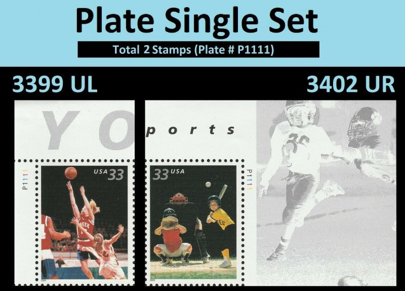 US 3399 3402 Youth Team Sports 33c plate single set U P1111 (2 stamps) MNH 2000