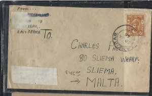 ZANZIBAR  (PP2608B)1946 COVER  SULTAN 20C TO MALTA 2 ARRIVAL B/S, VALETTE,SLIEMA 