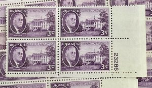 932   Franklin D. Roosevelt White House    25 MNH 3 cent  Plate blocks   In 1945
