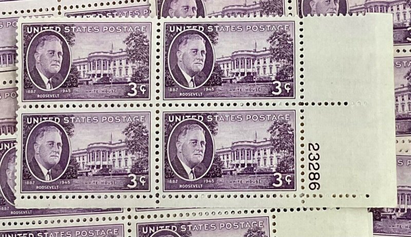 932   Franklin D. Roosevelt White House    25 MNH 3 cent  Plate blocks   In 1945
