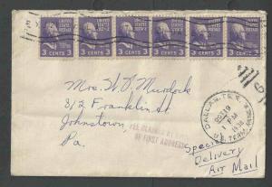 1938 Prexy #807 (3c)x6=18c Pays Airmail Spec Del Scarce Strip Usage Of 5+1Cover