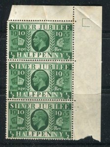 BRITAIN; 1935 early GV Jubilee issue Mint hinged 1/2d. Corner Strip