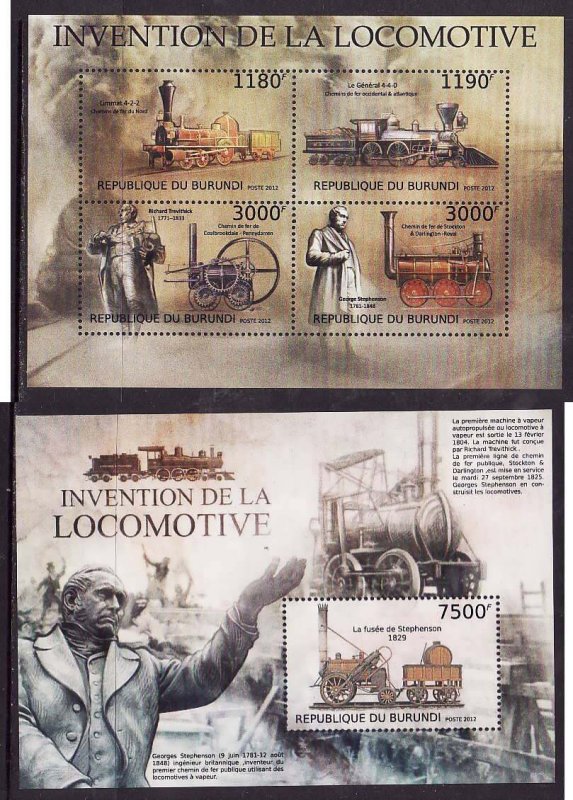 Burundi-Sc#1247,1272-two unused NH sheets-Trains-Locomotives-2012-