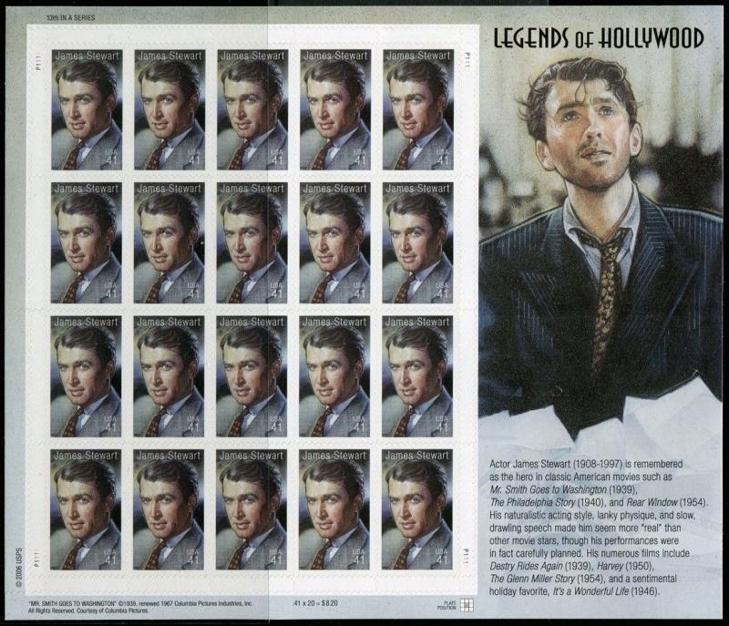 Jimmy Stewart Legends of Hollywood Sheet Of 20 Stamps 41 Cent Stamps Scott 4197 