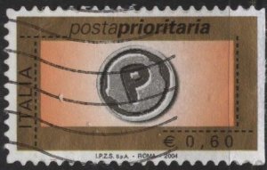 Italy 2582 (used on paper) 60c priority mail, org bkgnd (2004)