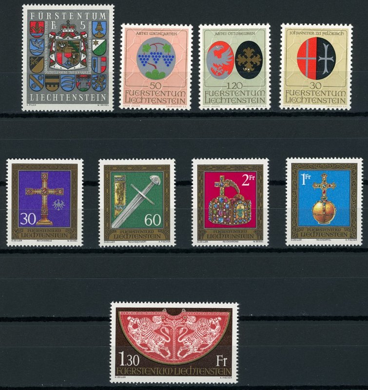 Liechtenstein Stamps-VF+ MNH Scott #486-8, 567-71 & 533 plus 369 SS Show cancel