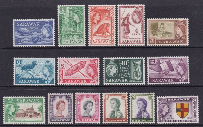 Sarawak Scott 197-211, 1955-7 QEII Pictorials, F/VF MNH.  Scott $85