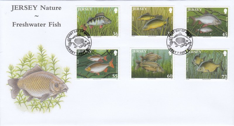 Jersey 2010 Freshwater Fish Set of 6, , on official FDC