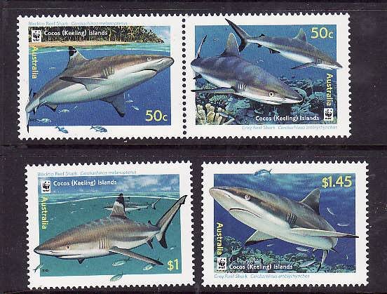 Cocos (Keeling) Is.-Sc#341-3-unused NH set-Sharks-Marine Life-WWF-2005-