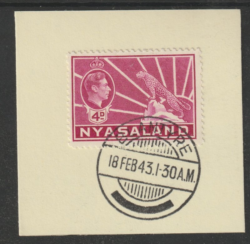 NYASALAND 1938 JG6 LEOPARD  4d magenta  on piece with MADAME JOSEPH  POSTMARK