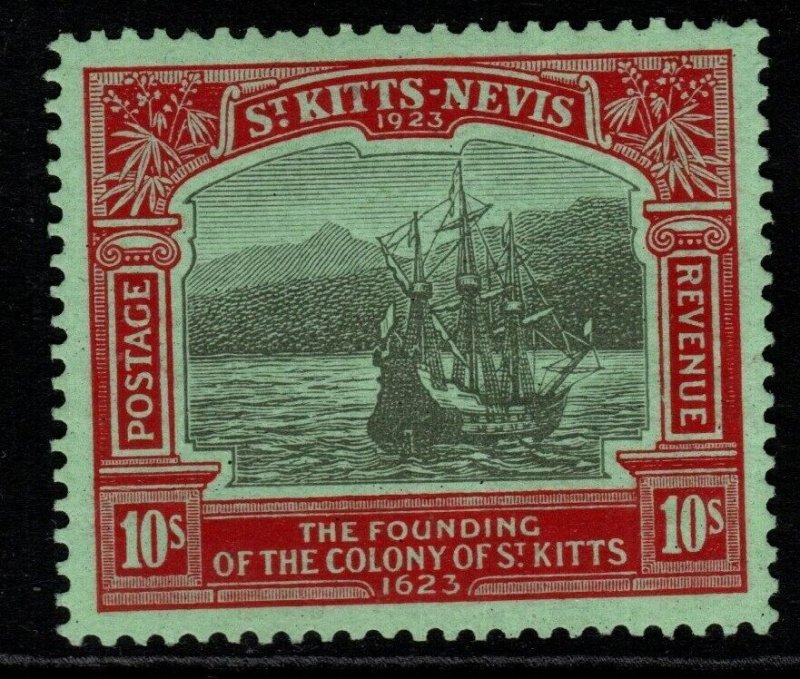 ST.KITTS-NEVIS SG58 1923 10/= TERCENTENARY BLACK & RED/EMERALD MTD MINT 