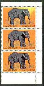 Nagaland 1969 Elephant 20c vert strip of 3, upper stamp w...