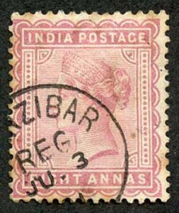 Zanzibar SGZ90 1882-90 India 8a Dull Mauve 3 July 91 with CDS (type Z6) Used