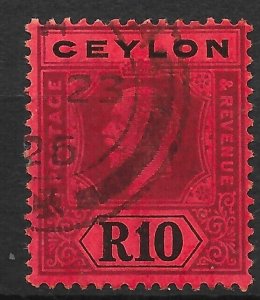 CEYLON SG318b 1923 10r PURPLE & BLACK ON RED DIE II USED