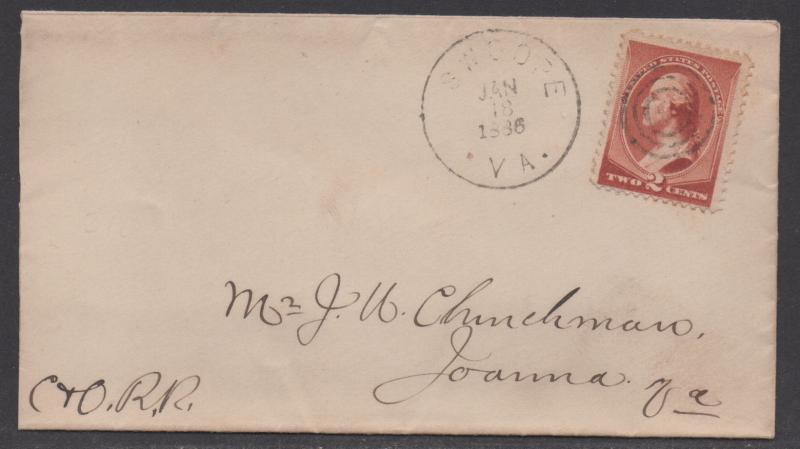 **US 19th Century Cover Scott #210, Snoope, VA 1/18/1886 Carried by C & O RR