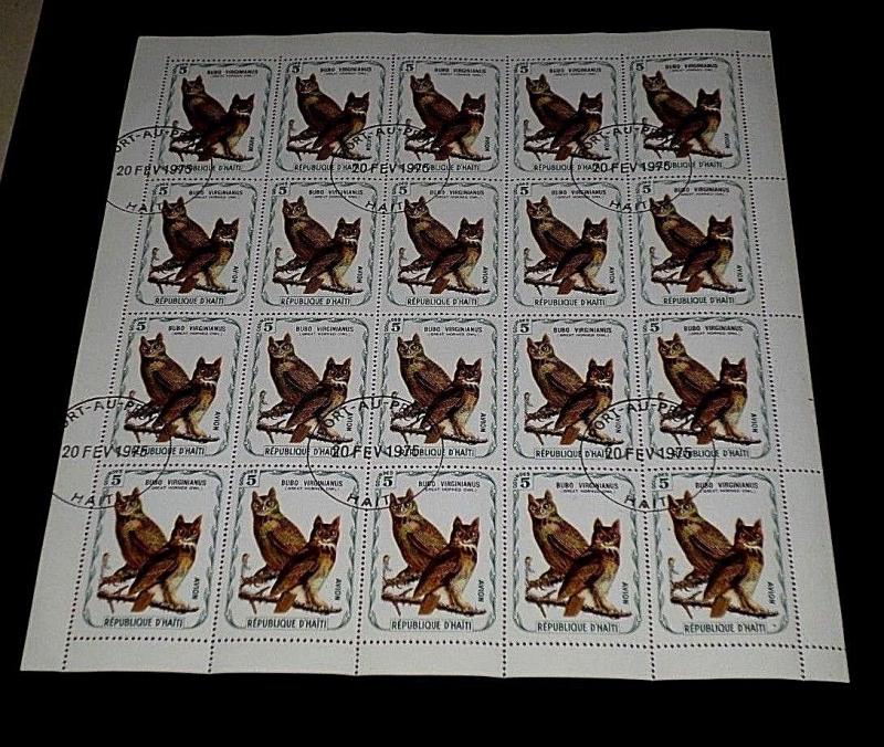 HAITI, 1975, 5 GOURDES, AUDUBON BIRDS, HORNED OWL, SHEET/20, CTO, NICE! LQQK