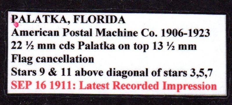 $Florida Machine Cancel Cover, Palatka, 9/16/1911, latest recorded impression