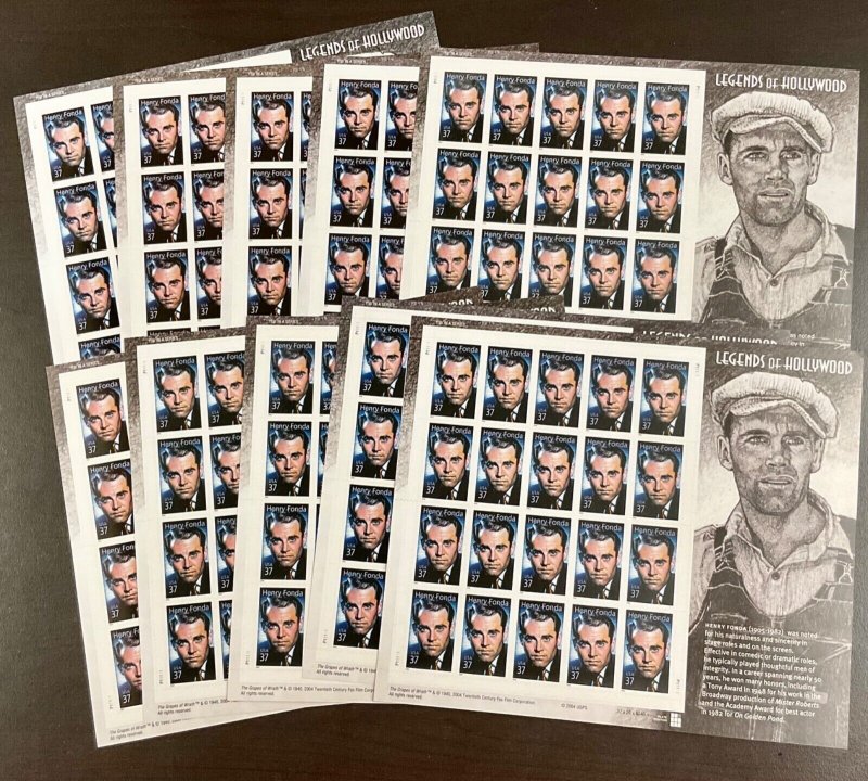 3911 Henry Fonda  Legend of Hollywood Lot of 10 MNH 37 c Sheets of 20 FV $74