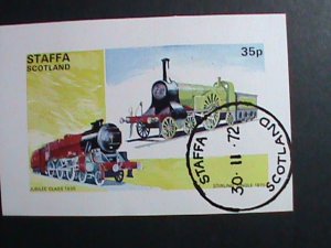 ​SCOTLAND-STAFFA STAMP-1972-WORLD TRAINS IMPERF -CTO S/S-SHEET VERY FINE