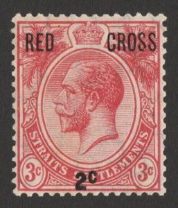 MALAYA STRAITS SETTLEMENTS 1917 'RED CROSS 2c' on KGV 3c variety No Stop.