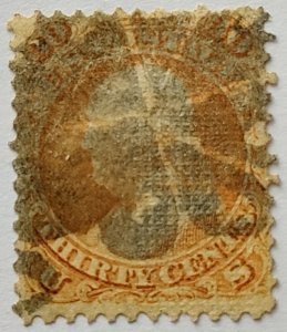 Scott Stamp# 100 - 1867 Used 30¢ Franklin Double Grill, Orange. SCV $1,650.00